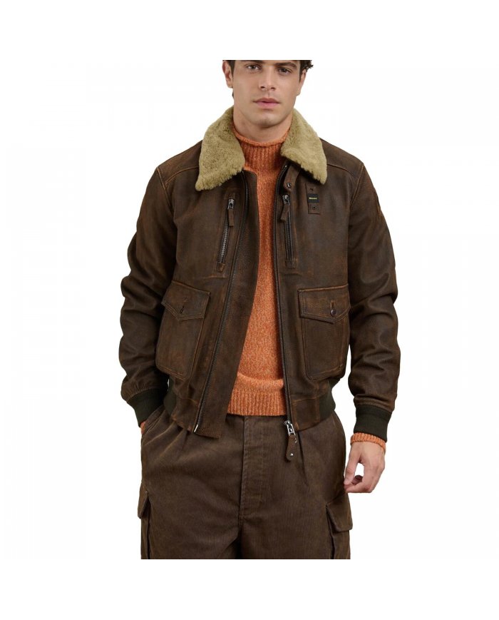 Bomber In Pelle Con Collo In Pelliccia Uomo Blauer Cheitons 26WBLUL01481007734