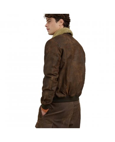 Bomber In Pelle Con Collo In Pelliccia Uomo Blauer Cheitons 26WBLUL01481007734